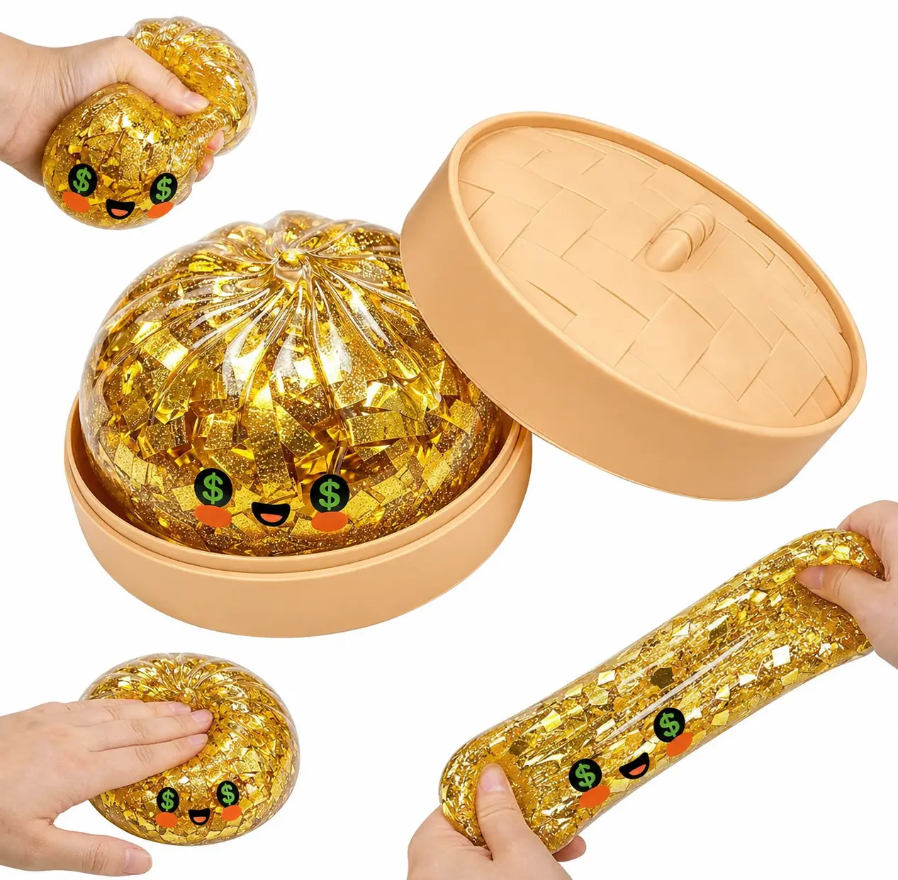 2026 New Dumpling Squishies, Glitter Dumpling, Glitter Dumplings Squishy with Box, Dumplings Sensory Squeeze Toy for Stress Relief Stretchy Desk Toys （8.5cm）