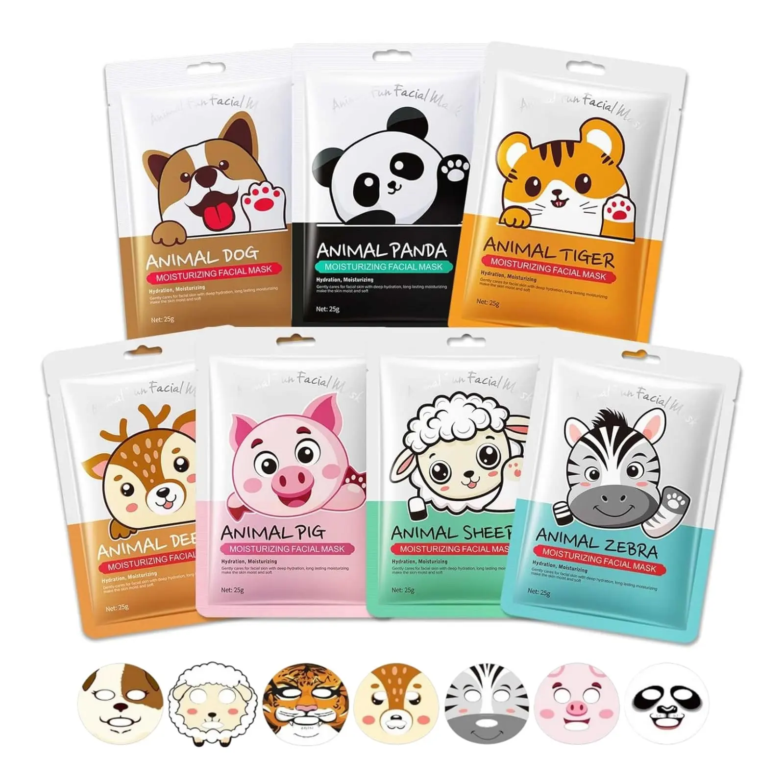 7Pcs Cute Animal Facial Mask Set, 7 Different Cartoon Animal Prints, Hydrating Moisturizing Brightening Face Sheet Mask, Fun Spa Sleepover Party Skincare Gift for Women Teens