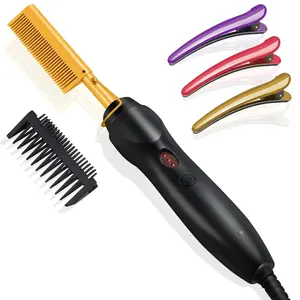Ceramic Heating Hair Straightener Comb - Hot Pressing Brush for Natural Black Hair, Beard Wigs, and Curling