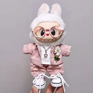 Labubu Doll Clothes Set 6PCS GD Style – Glasses, Denim Outfit, T-shirt, Canvas Shoes & Necklace Accessories (Labubu Not Included)