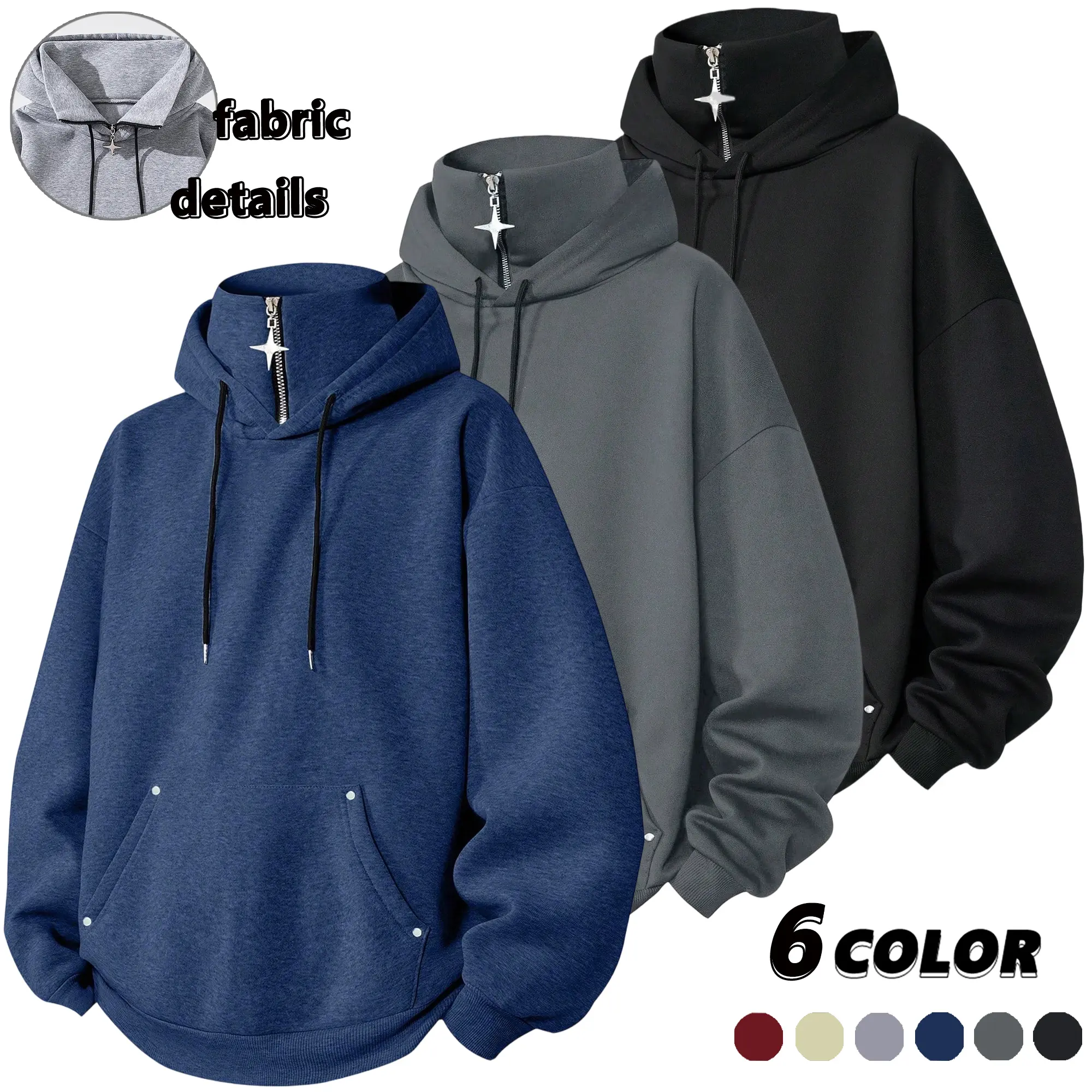 EKF Men’s Star Zipper Half-Collar Hooded Sweatshirt | Trendy look, fully zippered closure; suitable for spring/autumn skateboarding and relaxed campus casual wear