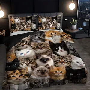 3-piece set (1 duvet cover + 2 pillowcases, without filling) featuring cute cat and kitten patterns, soft and comfortable bedding set, Soft Bedding Sets, suitable for room decoration, usable in all seasons, perfect as a gift, a must-have for pet lovers