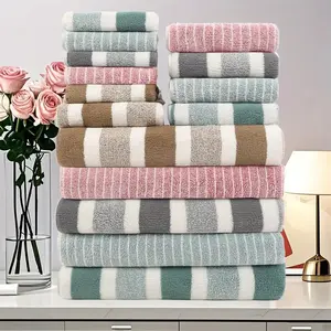 15pcs Soft Coral Towel Set, Square Towels, Super Absorbent Towel - Quick-Dry, Absorbent, Lightweight, Suitable for Home, Hotel, Hot Spring & Outdoor Fitness & Camping, Various Striped Patterns and Colors Meet Family Needs