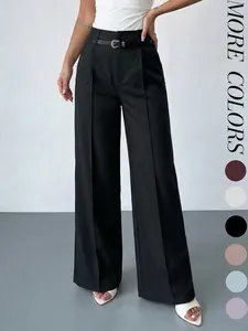 Women's Elastic Waist Solid Color Zipper Button Pocket Wide Leg Pants, Elegant Commuter Multi-Functional Office Wear