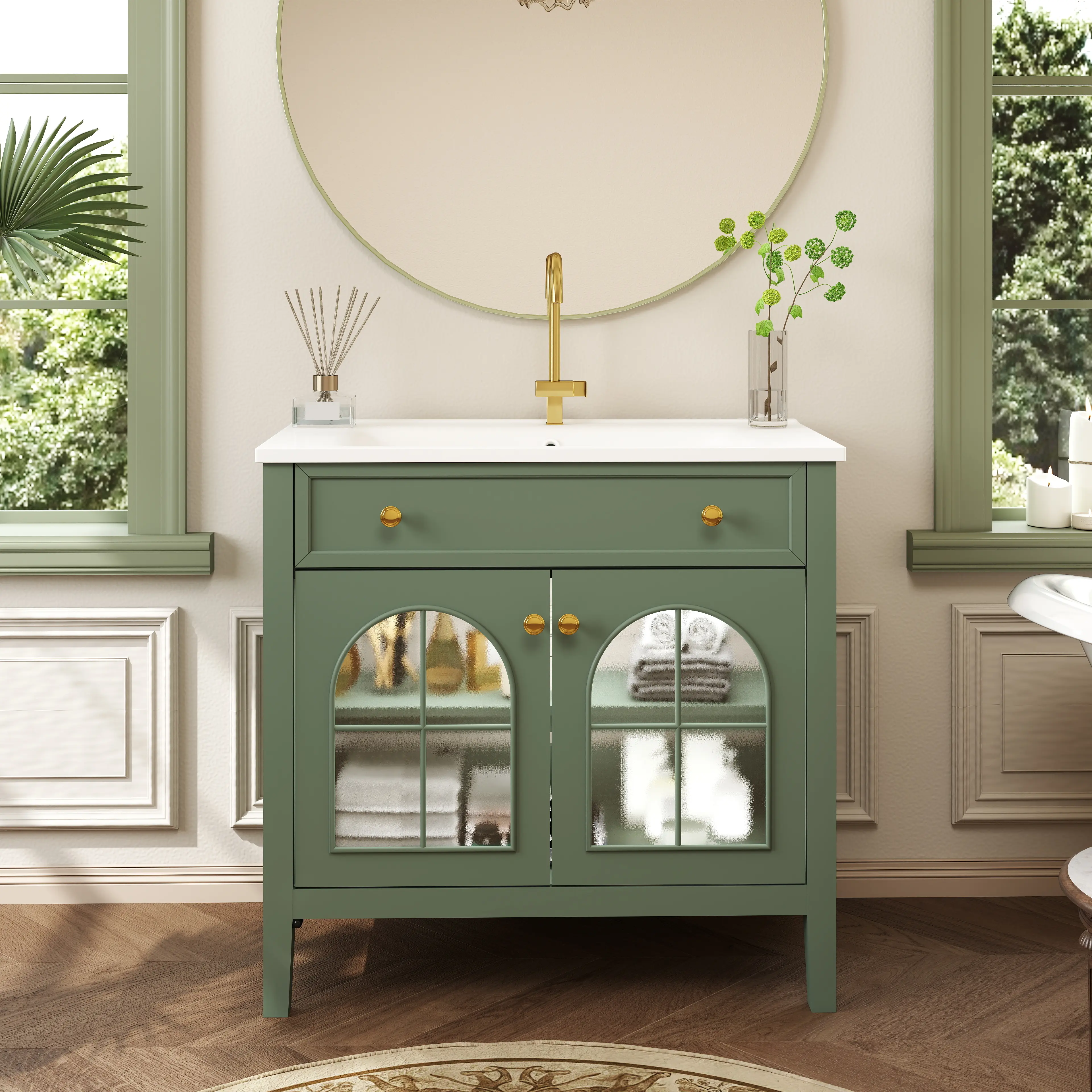 Mid-Century Bathroom Vanity Cabinet，35.6" Freestanding Vanity Sink with Patterned Glass & Motion Sensor Lights, Ample Storage for Farmhouse Bathroom，Green