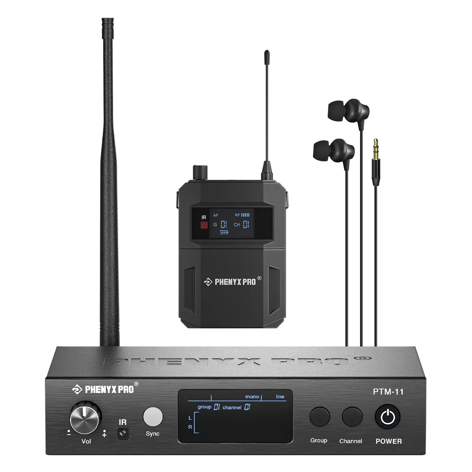 Phenyx Pro PTM-11 UHF Mono Wireless In-Ear Monitor System – Metal IEM Kit w/ Bodypack Receiver, 50 Selectable Frequencies, 164ft Range, Separate Outputs, for Band, Studio, Stage
