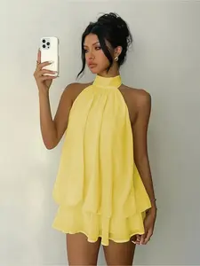 Women's Summer Fashion Party Halter Neck Tie Back Backless Mini Dress, Slim-Fitting Casual Elegant Short Sleeveless Dress for Home Outdoor City Style
