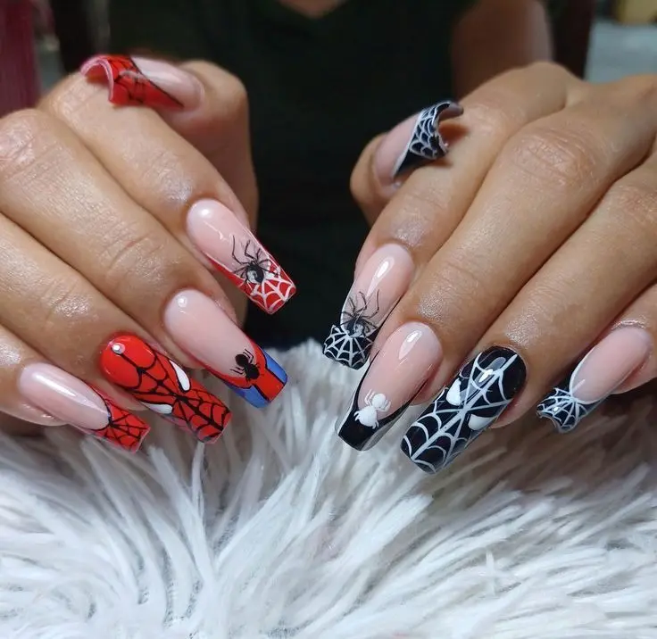 Red & Black Spider Web Press-On Nails – Long Square False Nails, Gothic Web Nail Art, Bold Costume Manicure Set