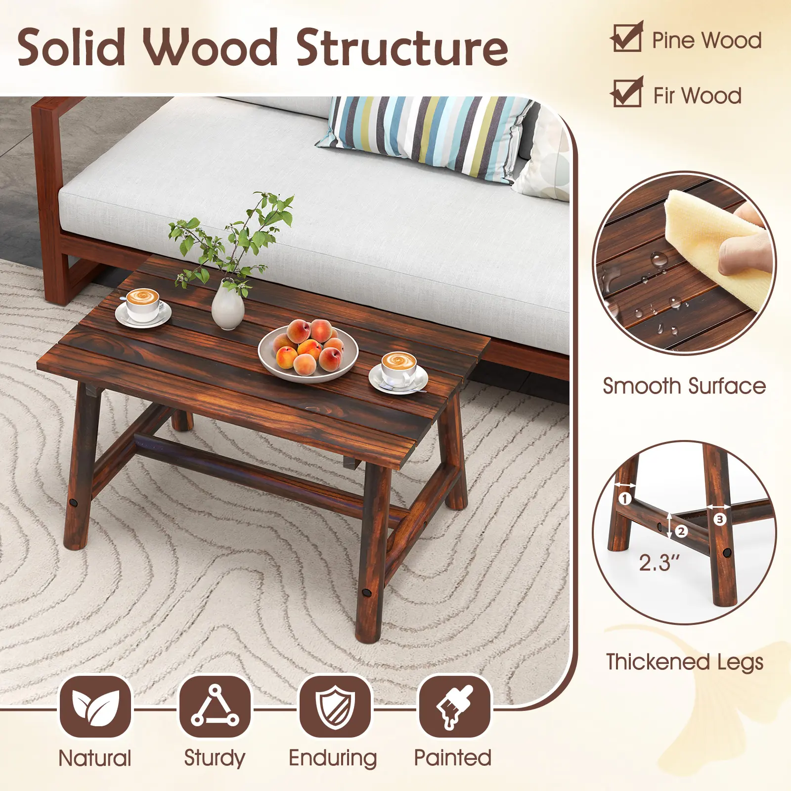 COSTWAY - Solid Wood Patio Table with Slatted Tabletop for Garden Lawn Porch Balcony Poolside Living Room-Brown
