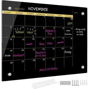 12" x 16" Glass Dry Erase Whiteboard, Black Glass Monthly Calendar White Board, Frameless Glass Whiteboard for Home, School, Office(GlassA-BK-3040)
