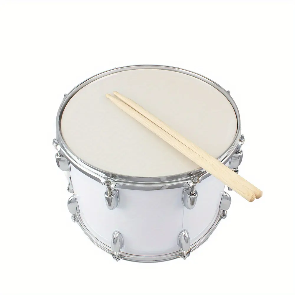 14x10 in White Marching Drum Percussion Instrument - Durable Metal Construction, Adjustable Tuning, Classic Metallic Finish, All-in-1 Accessories (Drumsticks, Key, Strap) for Parades, Band Performances