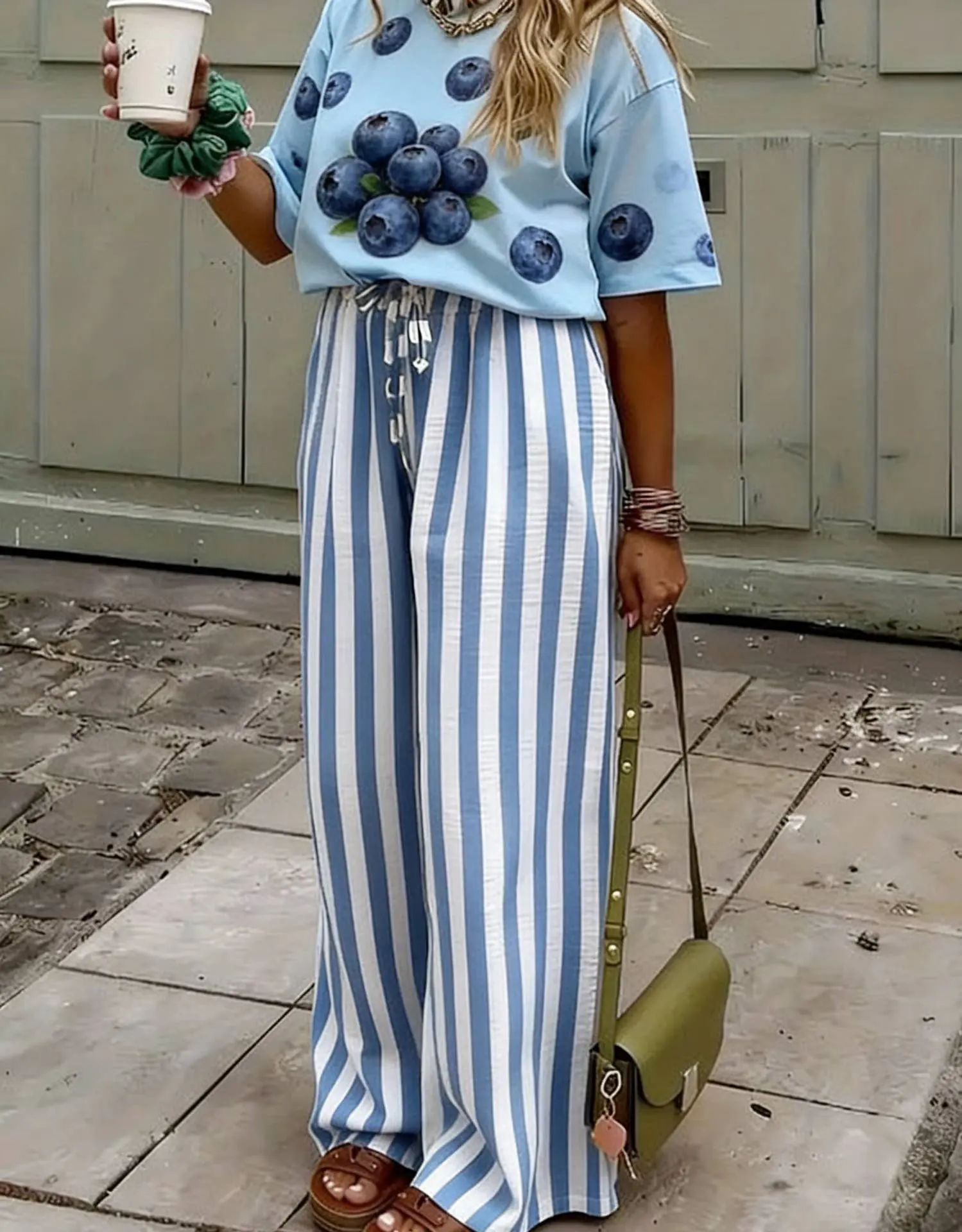 Light Blue Boho Beach Vertical Stripe Lace-Up Pants