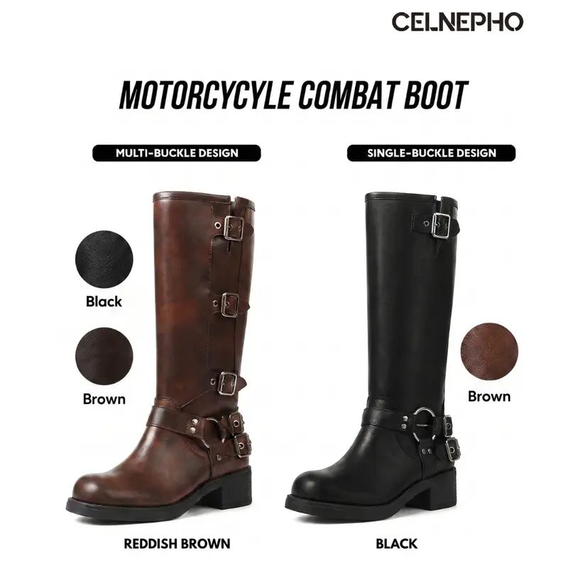 CELNEPHO Motorcycle Combat Boots for Women Knee High Boot Round Toe Chunky Block Vintage Heel Metal Buckle Design Comfy Easy Pull on Rocky Boots Gift Party Date Bike Riding Streetwear Work Casual Long Tall Punk Fall Footwear Fashion Dressy Shoes