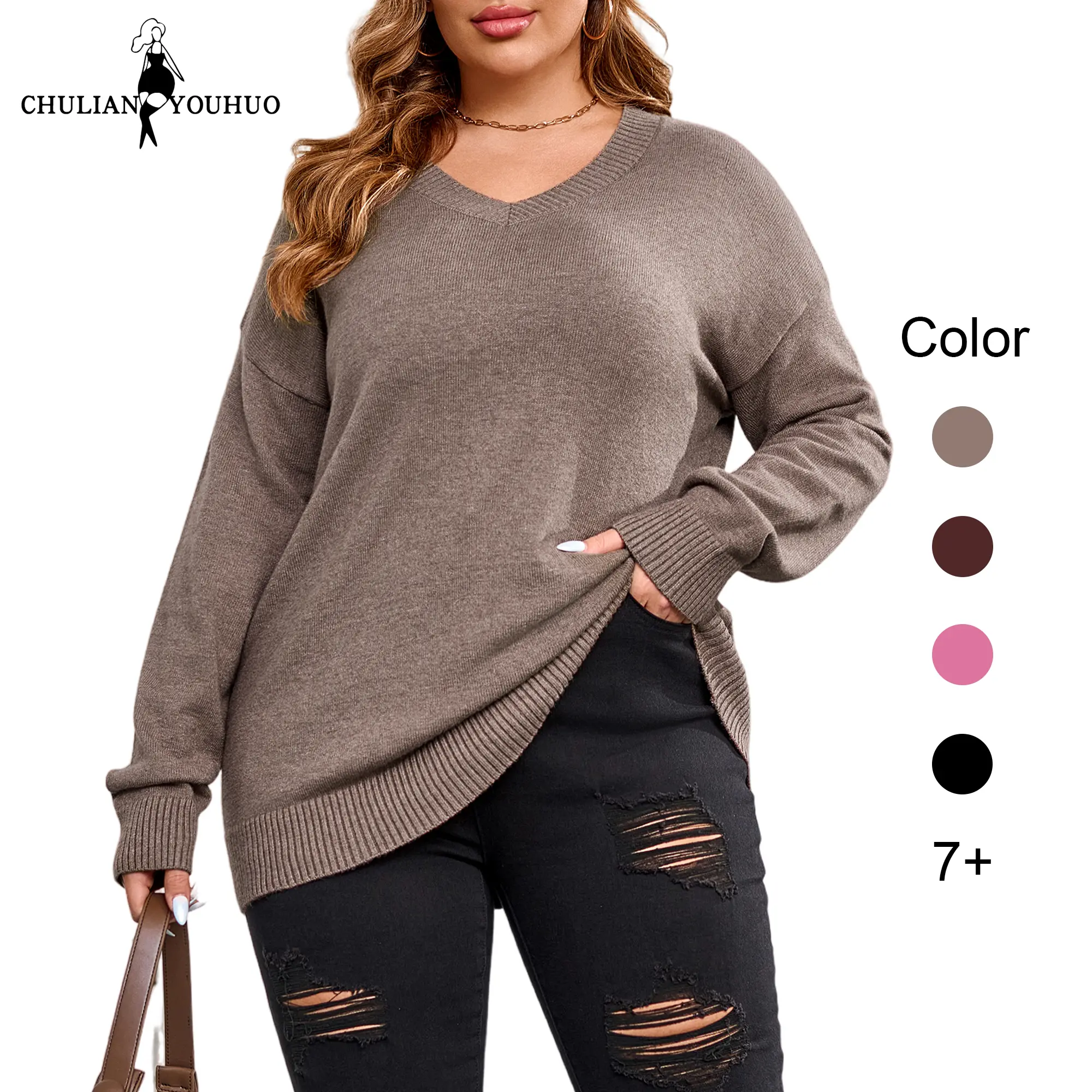 Chulianyouhuo 2026  Women Plus Size Sweaters Cable Knit Long Sleeve V Neck Sweaters Tops Casual Soft Loose Fit Pullover Sweater TikTokShop DealsForYouDays
