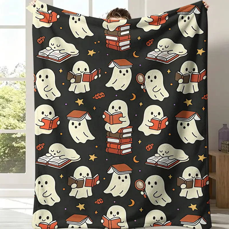 Kawaii Reading Ghost Flannel Throw Blanket - Solid Black Base, White Ghost With Stacked Books, Library Magnifying Glass, Star Moon Prints, Soft Fleece, Dark Academia Bookworm Halloween Bedroom Decor Gift, Spooky Print Blankets, Ghost Print Blankets