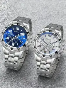 2PCS Men's Silver Stainless Steel Strap Elegant Business Fashion Analog Watches Style Quartz Movement Modern Fashionable Wristwatch, Suitable For Party Decoration, Leisure Travel