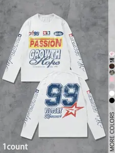 Racing Style Long Sleeve Top, Loose Fit, Print Design, Casual H-Type Silhouette, Perfect for Early Fall and Winter Layering