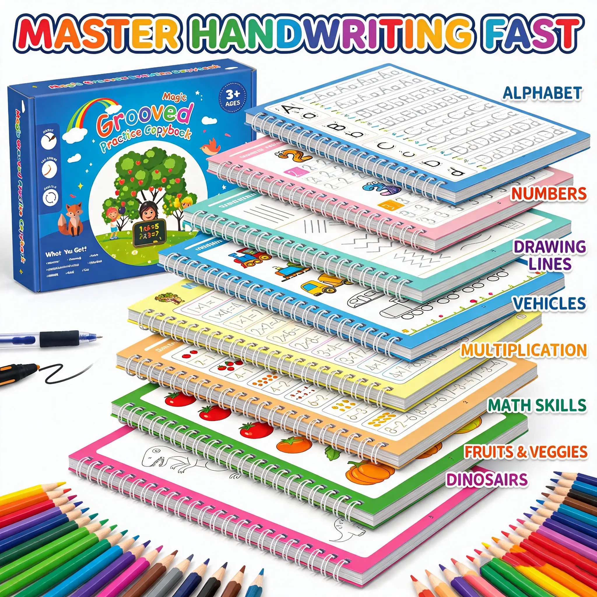 8-in-1 Magic Grooved Practice Copybook Set, Reusable Handwriting Workbook for Kids, Preschool & Kindergarten Learning Activities, Alphabet, Numbers, Math, Drawing, Animals & Vehicles, Montessori Educational Toy Gift
