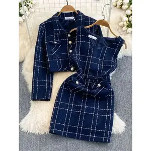 SnuggieTok Autumn Dress Suit Women Luxury Korean Chic Blue Tweed Jacket + Vest Dress Elegant 2 Piece Set Long Sleeve Cropped Coat