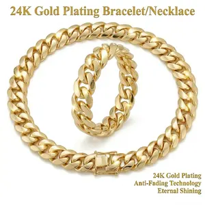 【Set】24K Gold-Plated Tarnish-free Chunky Cuban Link High Gloss Bracelet/Necklace 22mm width Durable Statement Hiphop Jewelry For Man Women