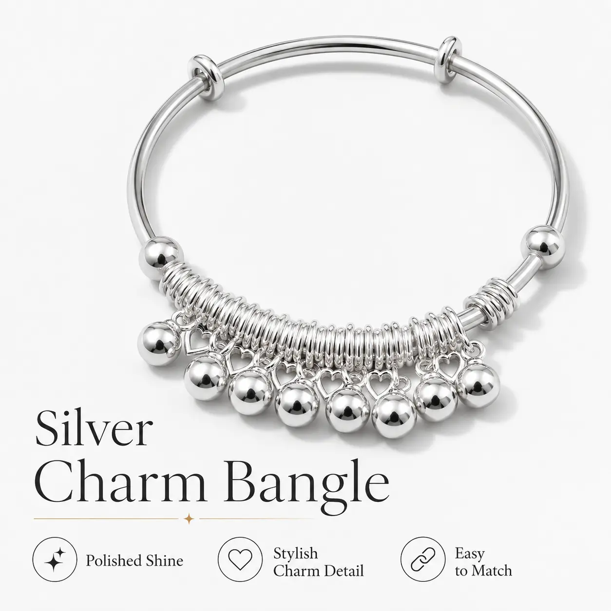 Women's Silver Open Cuff Bangle - Open Heart Design Bracelet with Beads, Charm Section Width 5.8 cm, Soft, Modern Vibe, Polished, Lightweight, Stylish Feminine Summer Gift for Daily Wear & Special Occasion Accessory, Open Heart Design Bracelets & Bangles,