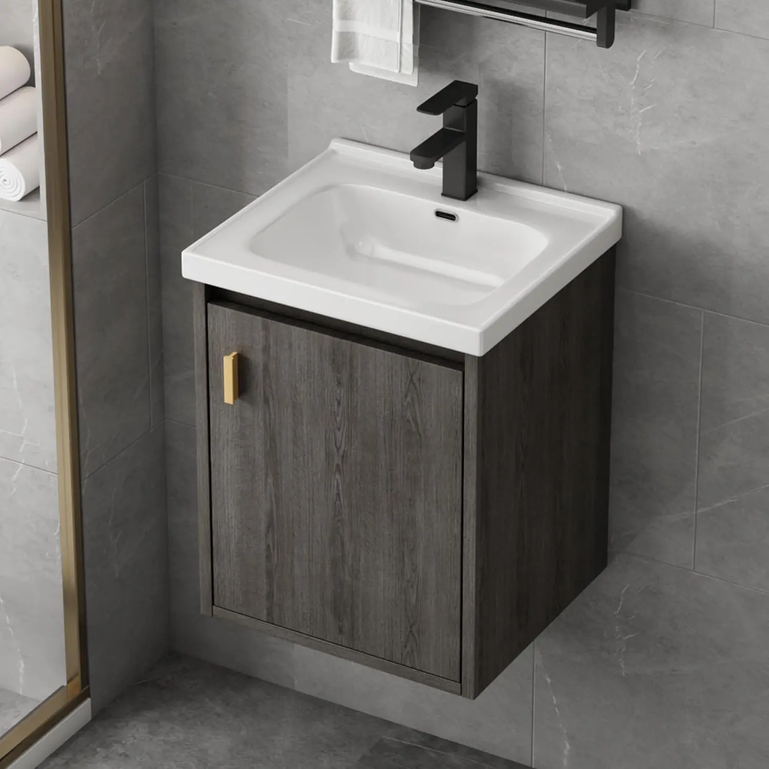 16'' Indoor Square Lightweight Ceramic Bathroom Vanity with Sink Combo, Wall-Mounted Modern Floating Cabinet with Soft-Close Door, Overflow, Pop-Up Drain, P-Trap Included, GreyWalnut (No Faucet), Eco-Friendly