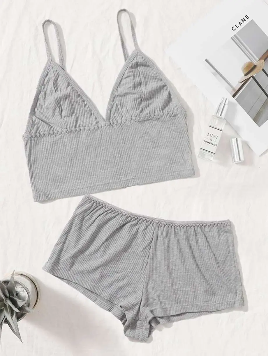 Women's Rib Knit Bralette & Shorts Lounge Set, Wireless Triangle Bra and Boxer Shorts Pajama Set, Soft Sleeveless Sleepwear 2 Piece Set