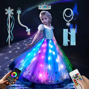 UPORPOR Blue Light-Up Ice Princess Dress for Girls – 100+ LED Modes, Music Sync, Winter Costume with Accessories (Ages 3-9)