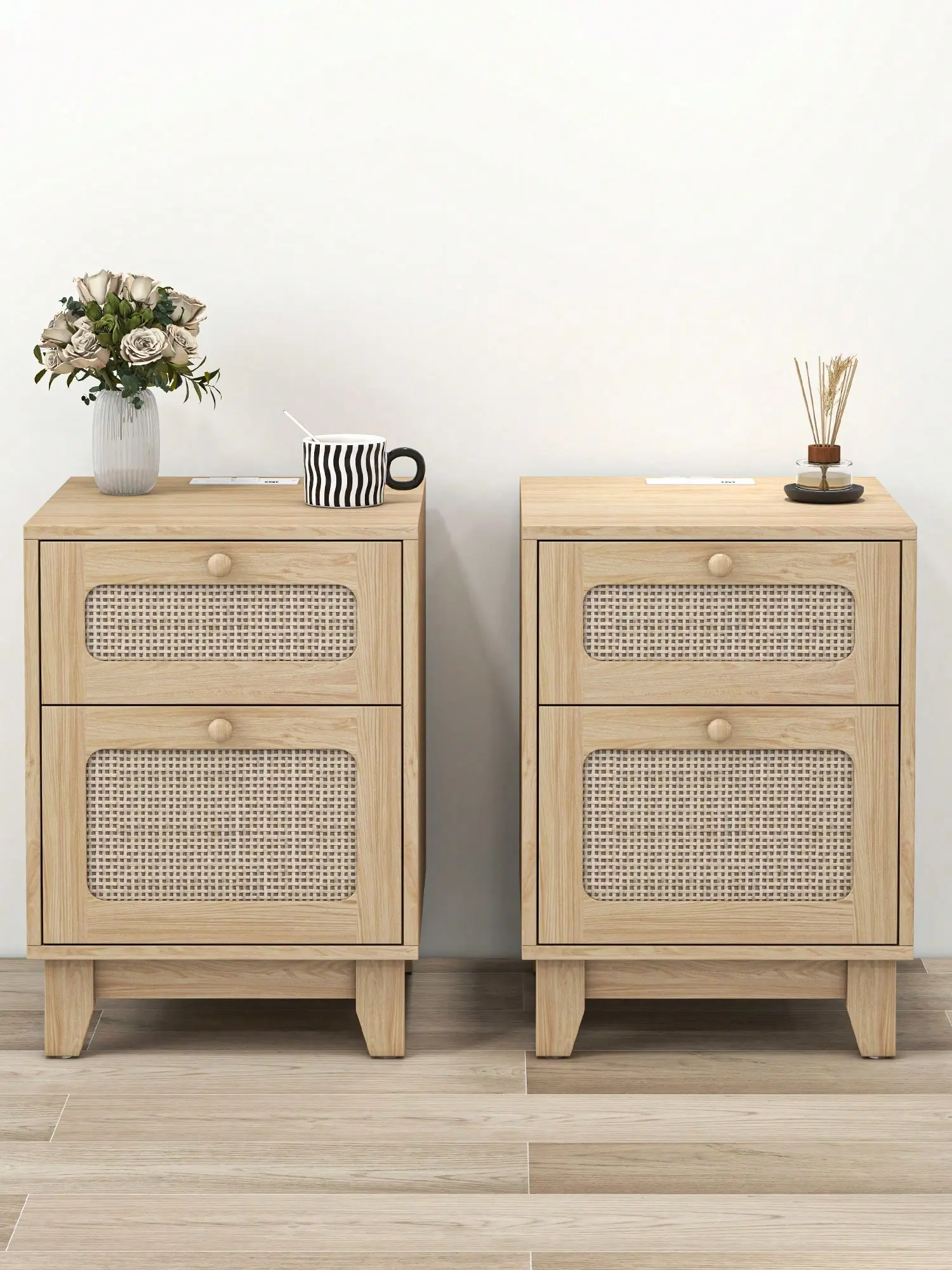 Topwin Modern Rattan Wicker Nightstand Set of 2 - Square 15.7in Face, Drawers, Charging Station, LED Lights, Minimal Look, Luxe Minimal Design Storage - Bed Side Tables for Bedroom Compact Beds, Light Wood Finish Warms Room
