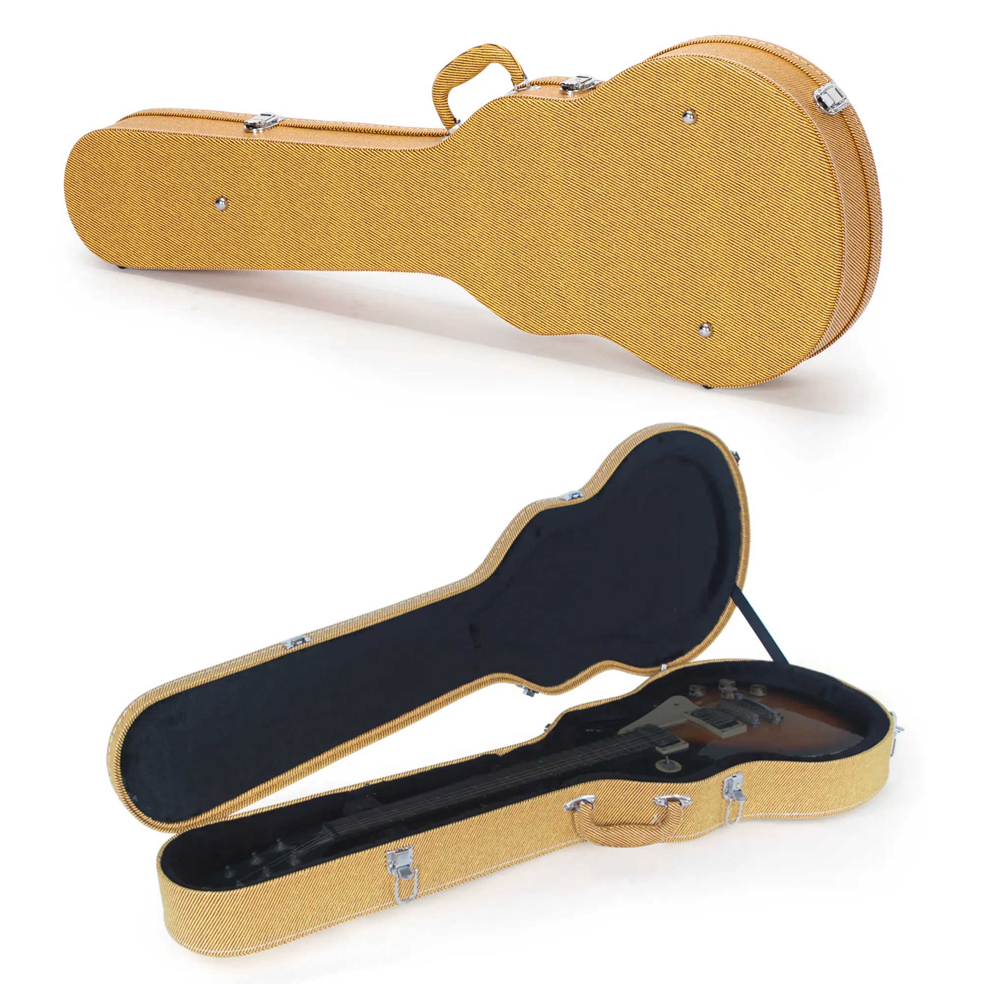 Durable Wood & PVC Hard-Shell Electric Guitar Protector Case - Leather with Microgroove Leather Pattern, High Strength Lockable Latches, Bulge Surface, Yellow, Deluxe Plush Interior, Compatible with GLP Style Electric Guitars, 3.35 Kg