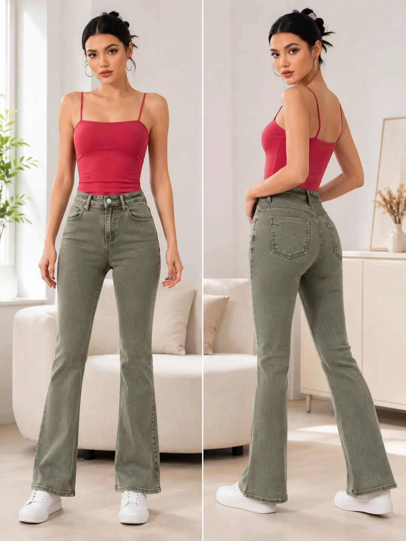 Spring/Autumn clearance sale – ultra-low prices, selling at a loss; clearance of limited sizes and final stock items at special offers. Army green high-waisted 9/10 slightly flared jeans, stretchy retro wash, butt-lifting and slimming, suitable for young