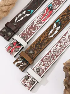 Western American Vintage Embossed Belt, Floral Turquoise Decorative Buckle Waistband Decoration, Stylish Accessory for Men & Women