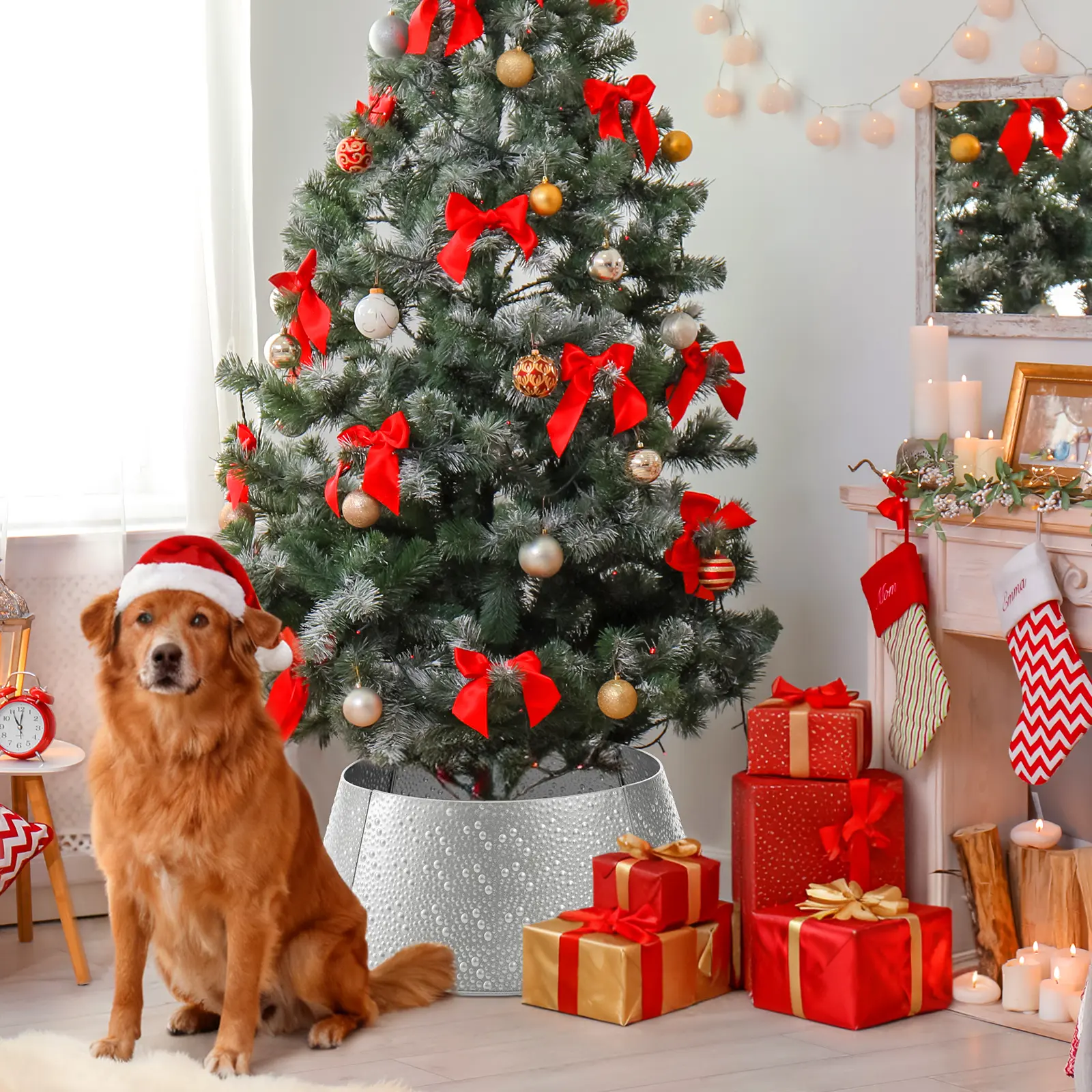 26 Inch Metal Christmas Tree Collar for 7.5 ft Trees, 4-Panel Wrought Iron Base Cover, Gold Holiday Tree Skirt Alternative