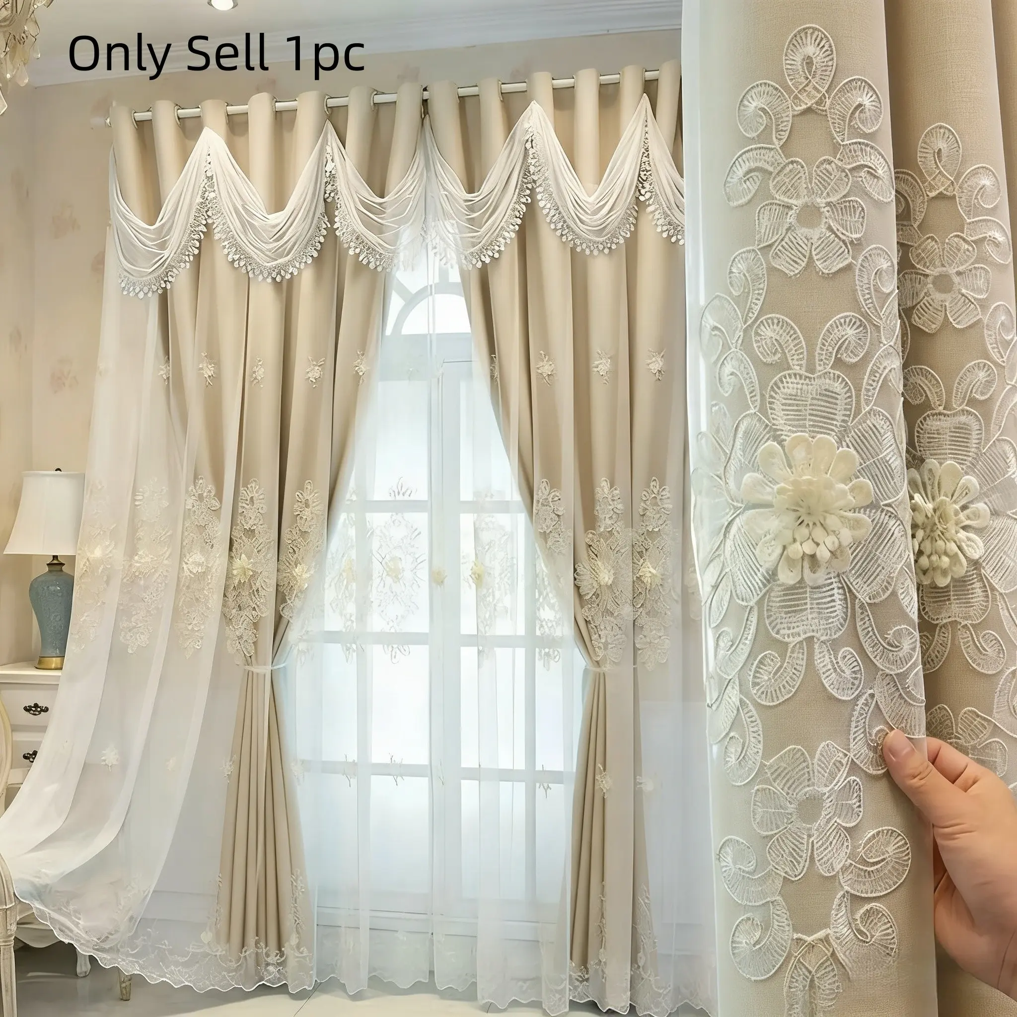 1-Count Double-Layer Blackout Curtain, Wave Header Design, Suitable for Living Room, Bedroom, Study & Office