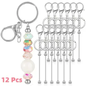 12pcs Bead Keychain DIY Kit, Silvery Metal Blank Keychain Pendant Making Supplies for Crafting