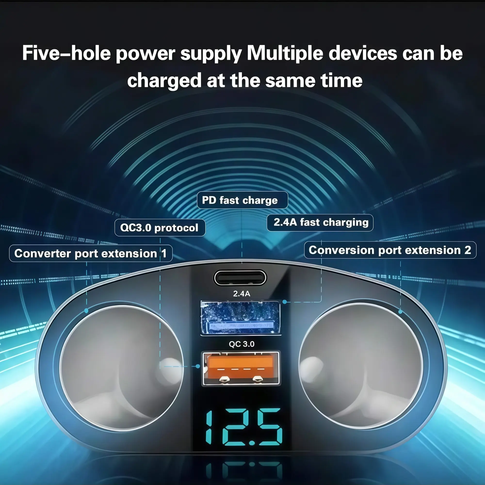 QC3.0 Car Charger, Car Usb Charger Multi Port, Cigarette Lighter Socket Splitter, 12V/24V Dual USB Power Adapter, 5-Port Car Socket, suitable for mobile phones, DVRs (Type-C port), 66W Super Fast Charging