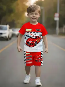 Boys Racing Car Print Set, Children Speed Theme Short Sleeve Shorts Two-Piece Set, Casual Loose-Fitting Cartoon Suit Outfit, Clothes