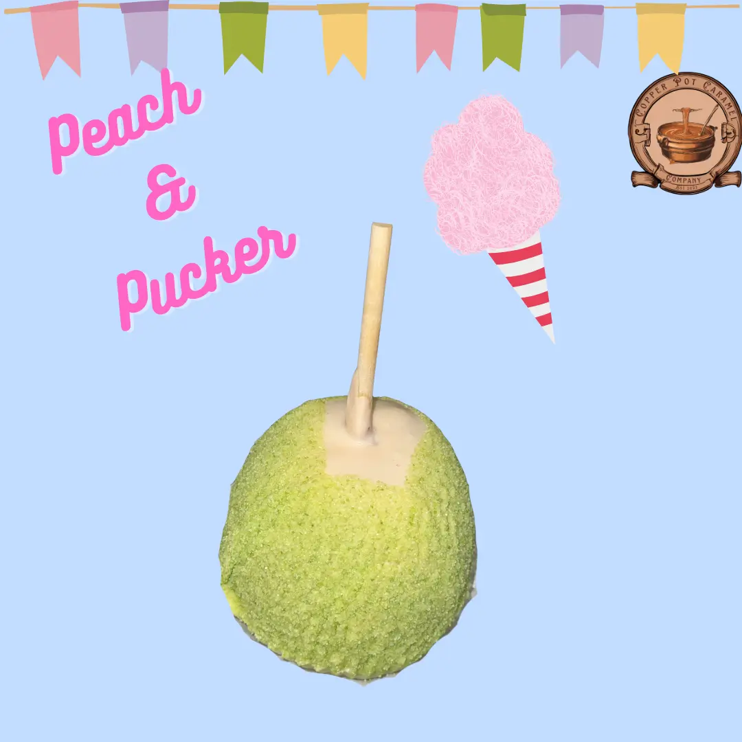 Gourmet Caramel Peach Pucker: Peach Chocolate Green Apple Cotton Candy Sweet
