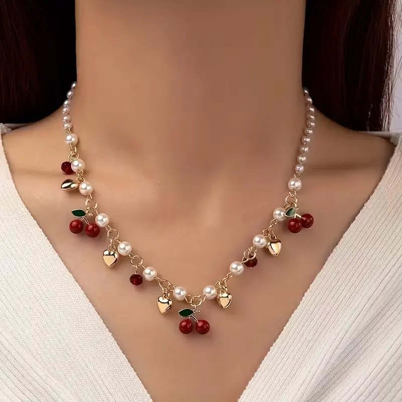 A Lovely Heart and Cherry Charm Chain Necklace for, Suitable for Daily Casual Wear and Gifting, for Teenager