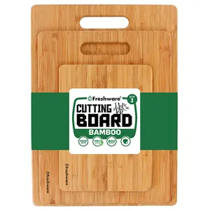 FRESHWARE 3-Piece Bamboo Wooden Cutting Boards Set – Large, Medium, Small Food-Grade Natural Non-Toxic Kitchen Chopping Boards with Handles, Glass-Compatible, Sturdy, Lightweight, Stylish for Meat, Cheese, Food-Grade Chopping Boards, Natural Chopping Boar
