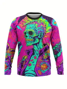 Men's 3D Full-Print Halloween T-Shirt, Gothic Neon Skull Long Sleeve Fitted Casual Round Neck Tee, All Season Party Wear, Streetwear