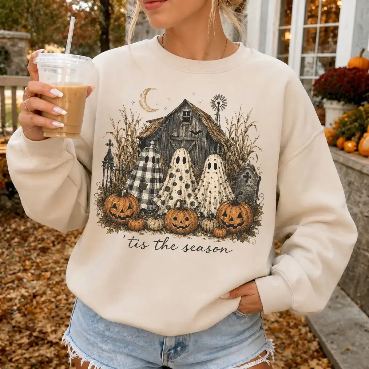 Tis The Season Sweatshirt, Ghost Trio Farmhouse Halloween Gildan Sweatshirt, Checkered Leopard Polka Dot Ghosts Sweatshirt, Fall Ghost Sweatshirt.