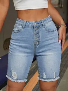 High Waist Denim Shorts, Single-Buckle Design, Distressed Style, Summer Streetwear, Womenswear, Versatile Fit, Perfect for Casual