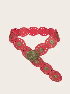 Women's Western Cowboy Style Bohemian Wide Waist Belt, PU Patchwork Copper Rivets, Versatile Dress Skirt Casual Pants