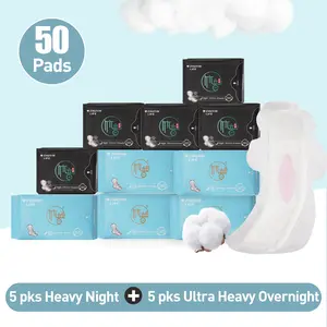 10 Packs/50 Counts Zhuyin Night & Ultra Long Sanitary Napkin, Organic Cotton Super Absorbency Menstrual Pads for 290mm & 430mm