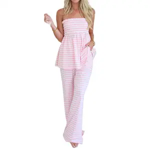 Two Piece Sets For Women Summer Outfits Lounge Sets Striped Babydoll Tube Top And Pants Matching Sets Beach Vacation Travel