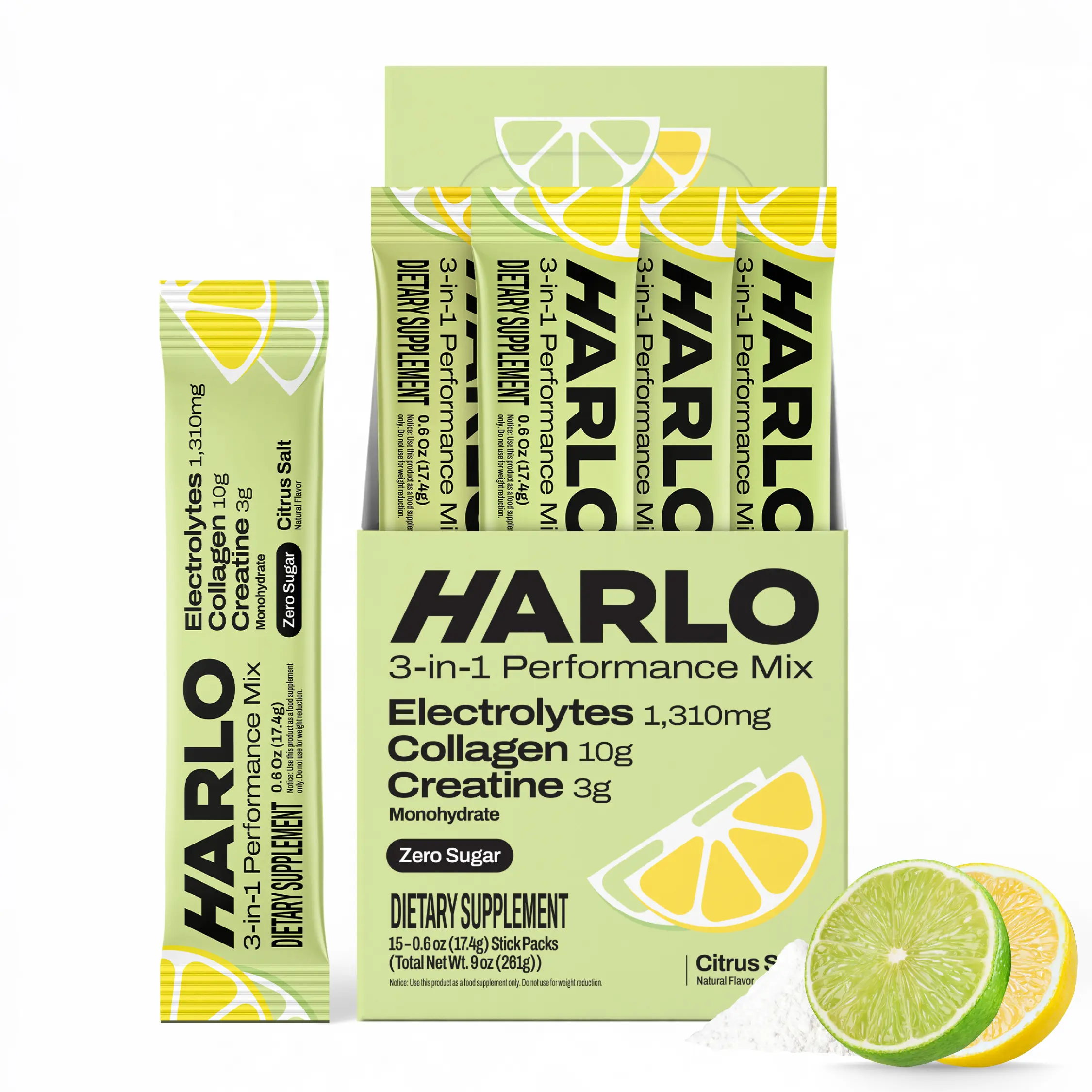 Harlo 3-in-1 Electrolytes Powder with Collagen & Creatine – Hydration, Muscle & Joint Support | Zero Sugar | Citrus (Lemon Lime) Salt | 15 Stick Packs