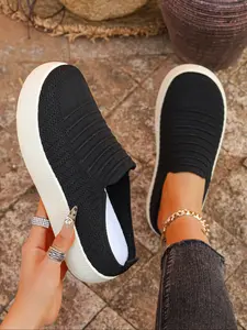Women's Knitted Thick Sole Slippers, One-Step Lazy Shoes, Comfortable Breathable, Fashion Casual Sneakers for Daily Wear
