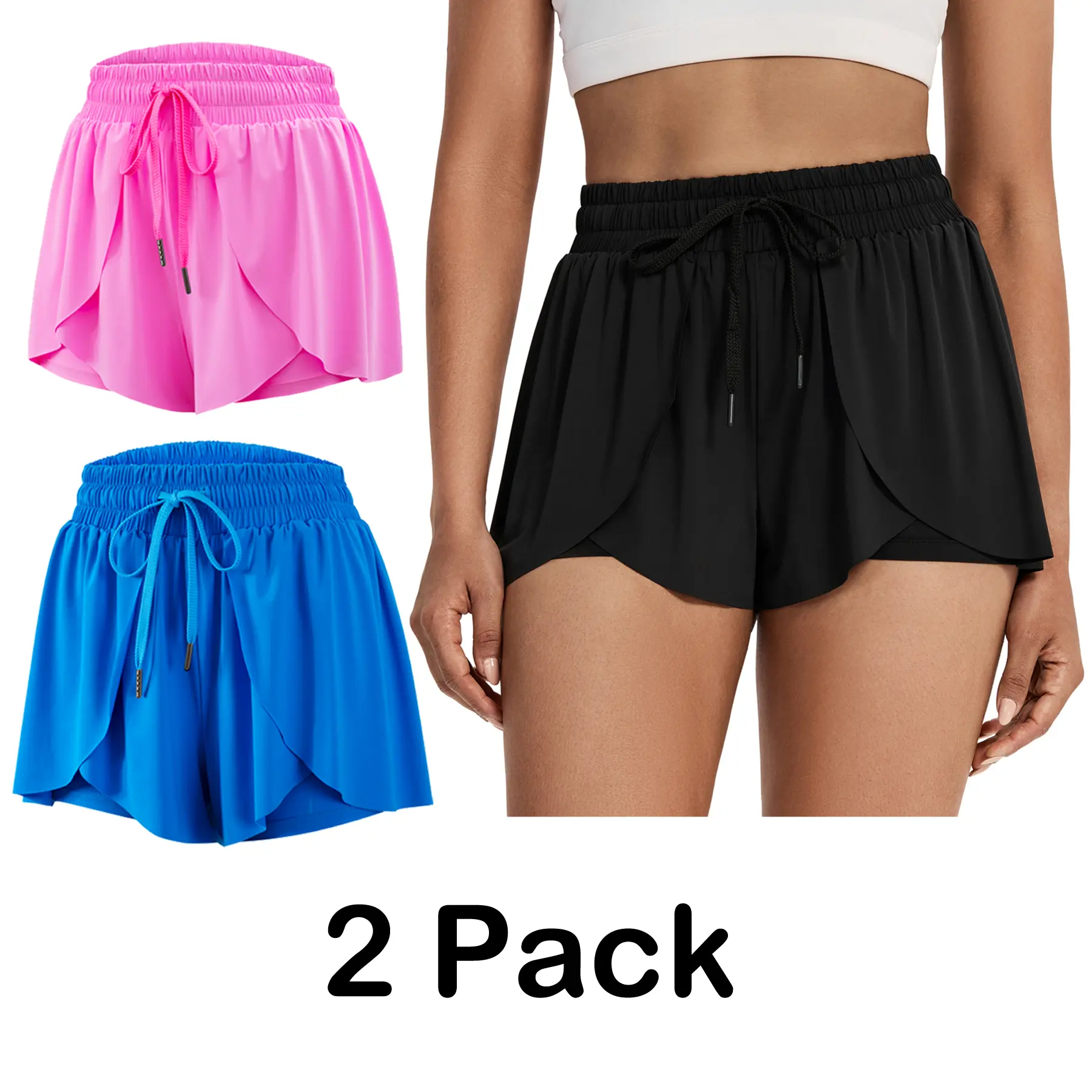2 Pack Women Flowy 2-in-1 Butterfly Shorts, High Waist Drawstring Athletic Running Shorts with Pockets, Cute Teen Girls Tennis Golf Workout Preppy Skirts Summer Casual Outfits