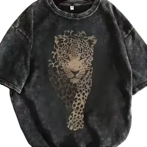 Women's Leopard Print Vintage Washed Cotton Top - 230g Heavy Fabric, Crew Neck, Short Sleeve, Retro Streetwear, Loose Fit, Machine Washable, Casual T-Shirt for Spring & Summer, Stylish Aesthetics & Easy Matching